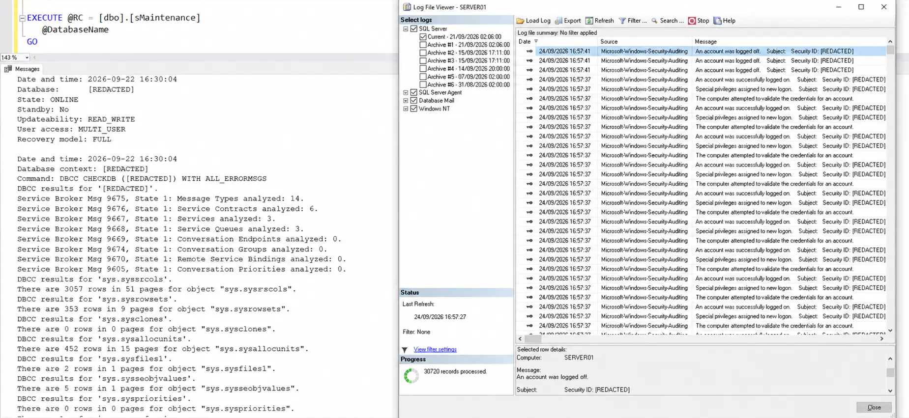 SQL Server maintenance and backup verification report