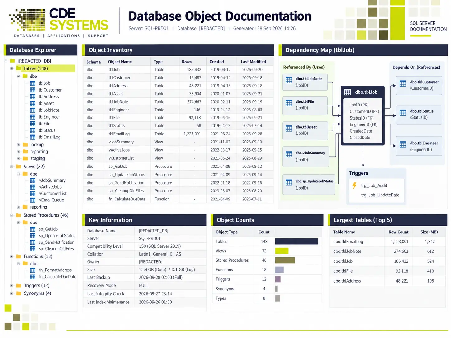 Free SQL Server application review, including database schema, object dependencies and analysis summary