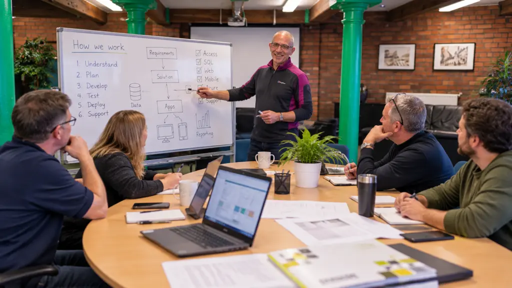 A CDE developer working through a system with a client at a whiteboard