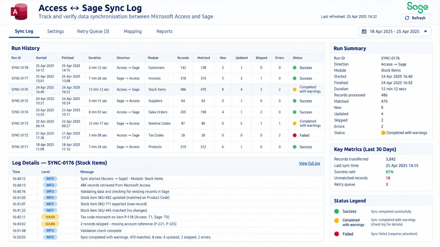 Microsoft Access to Sage data synchronisation log