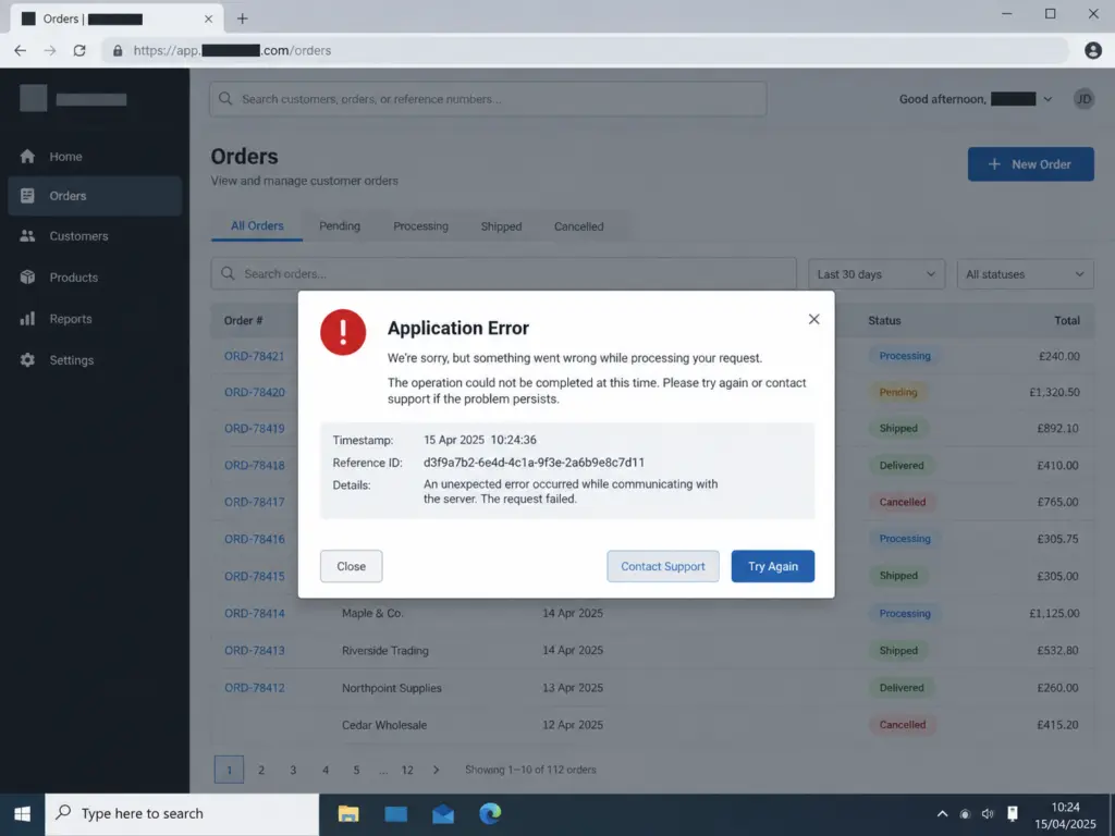 Emergency database support for a business system that has stopped working