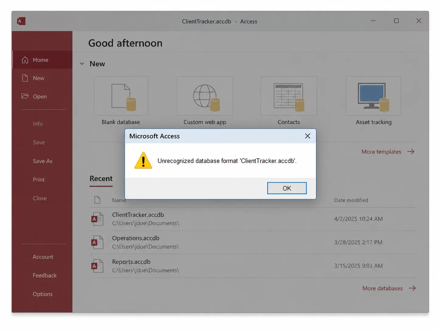 Unrecognized database format error in Microsoft Access