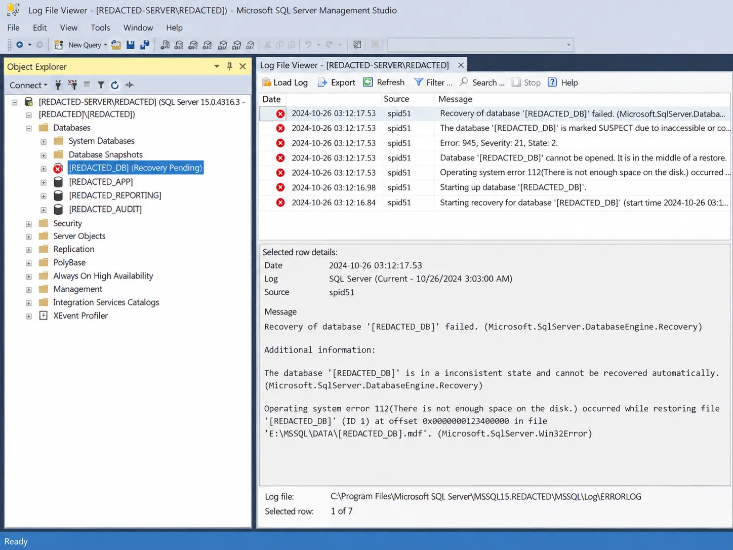 SQL Server database in suspect state with DBCC CHECKDB consistency errors