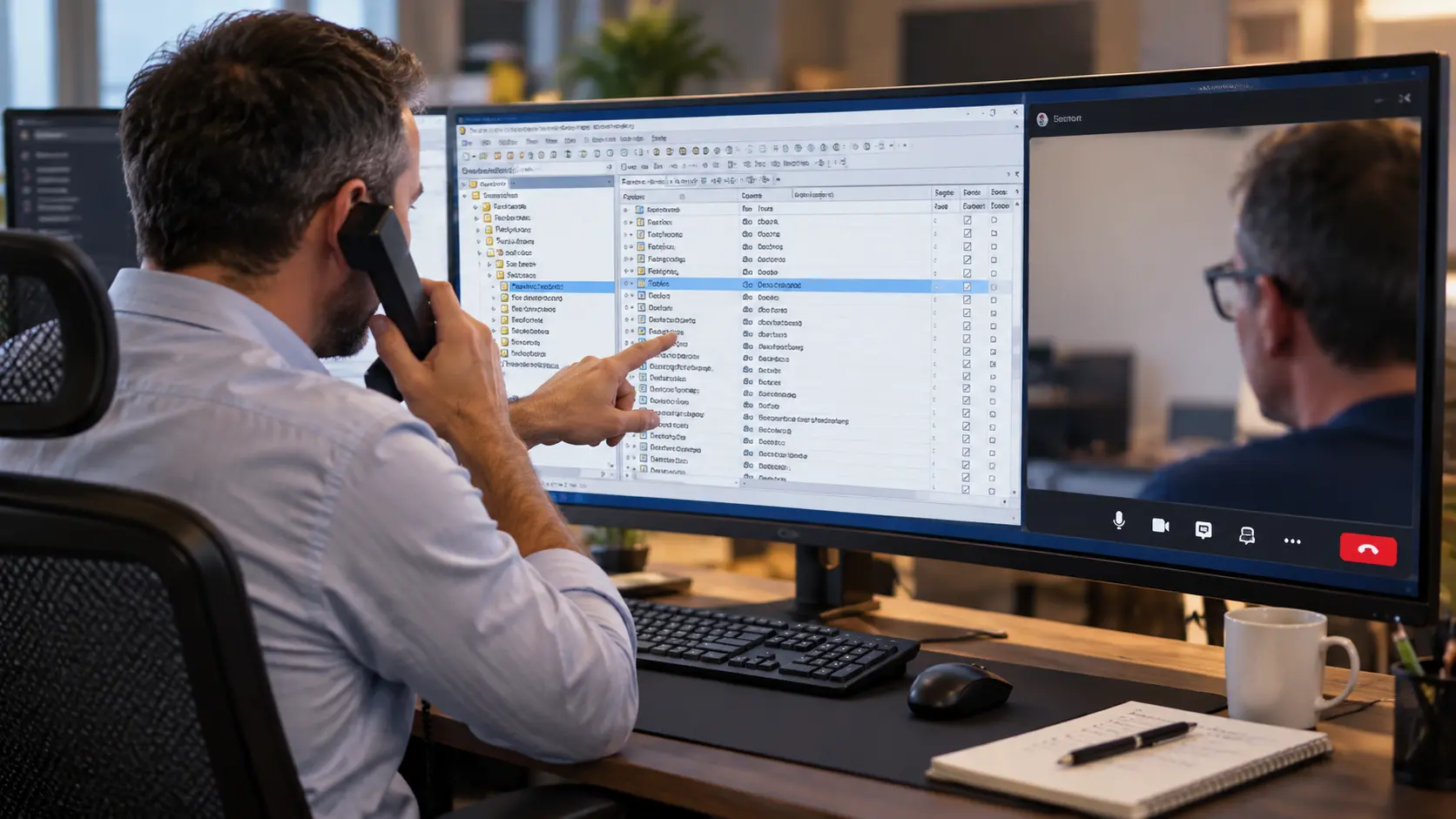 Attended remote database support session with the user watching and controlling access